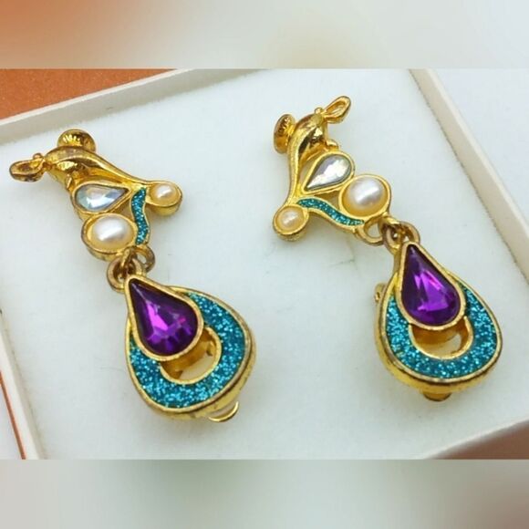 Disney Vintage Jeweled Pearl Clip On Earrings Gold Tone Jewelry Jasmine - Picture 7 of 12